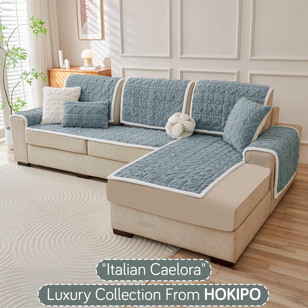 Italian Caelora Luxury Jacquard Plush L Shape Sofa Cover Seat Mat - Powder Blue