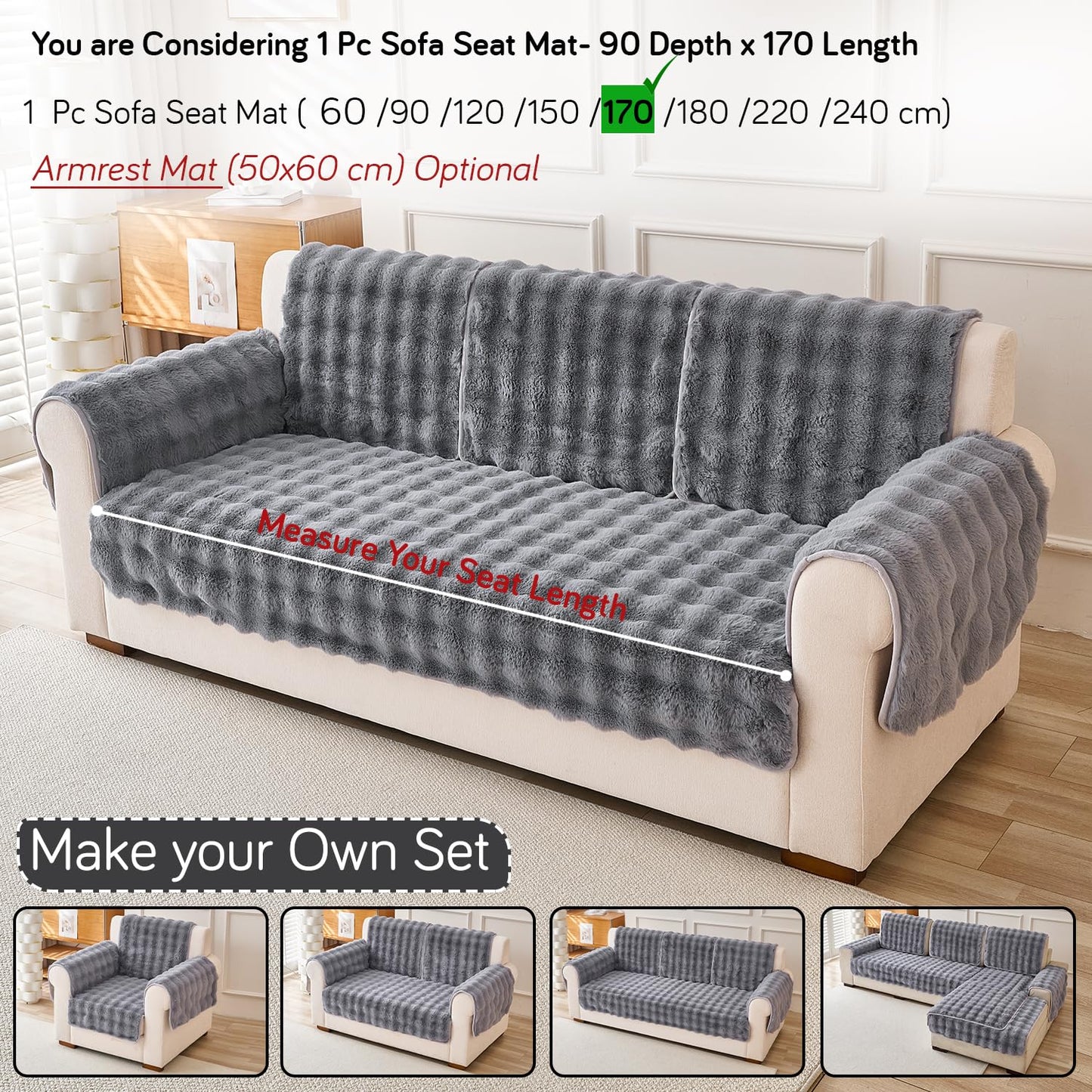 'FurHug' Premium Faux Rabbit Fur Sofa Seat Mats, Cool Grey