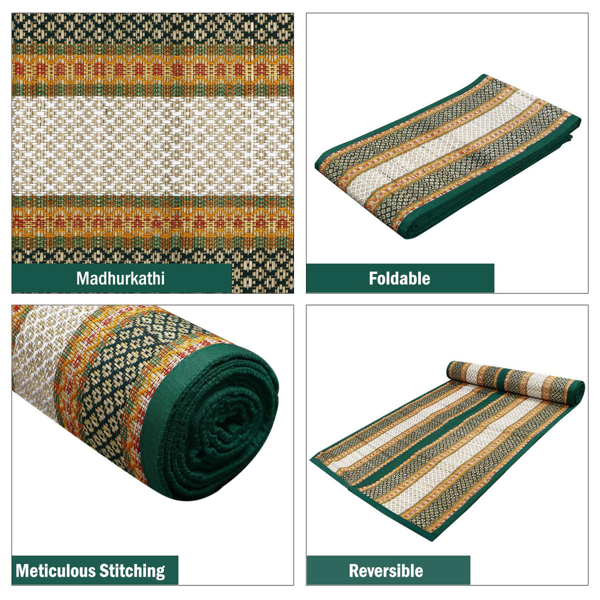 Green chatai mat - Madhurkathi, Foldable, Reversible & Meticulous Stitching | HOKIPO