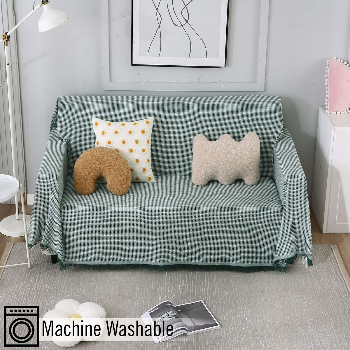 Bottle Green colour polycotton sofa throw in size 180(D)x180(L) for one seater, 180(D)x230(L) for two seater, 180(D)x300(L) for 3 seater

