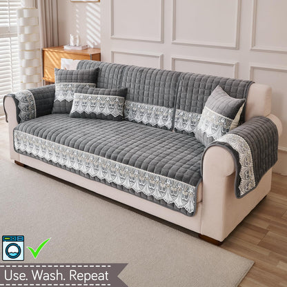 BelleLace Series Imperial Milk Velvet Sofa Cover Mat with Lace Design - Porpoise Grey