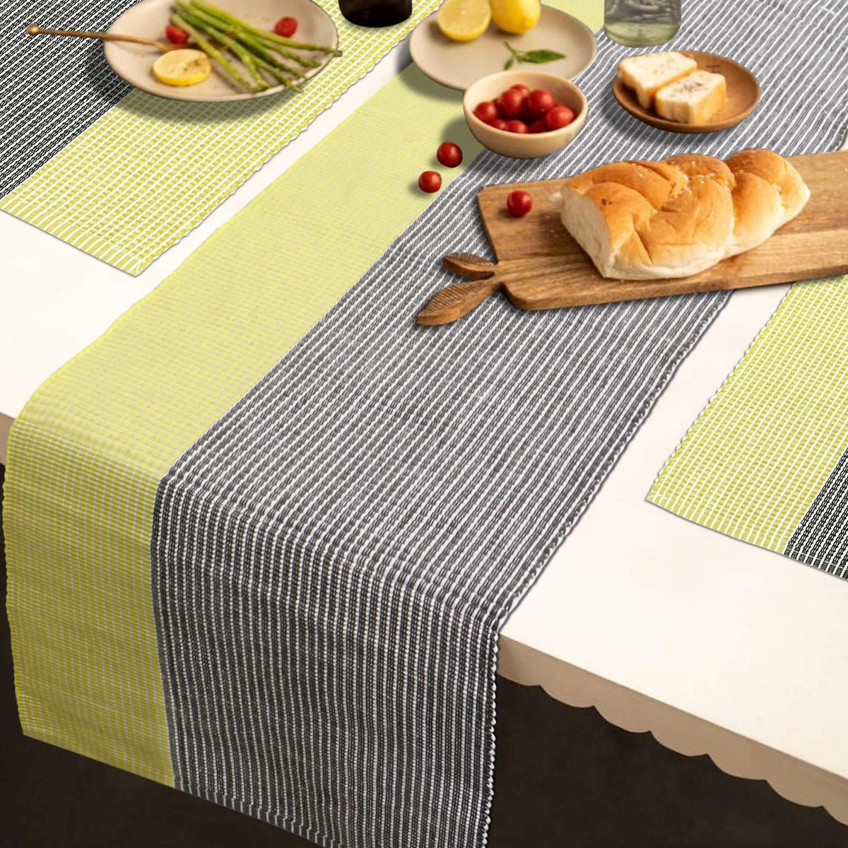 Ribbed Cotton Heat Resistant Dining Table Mat, Yellow & Grey