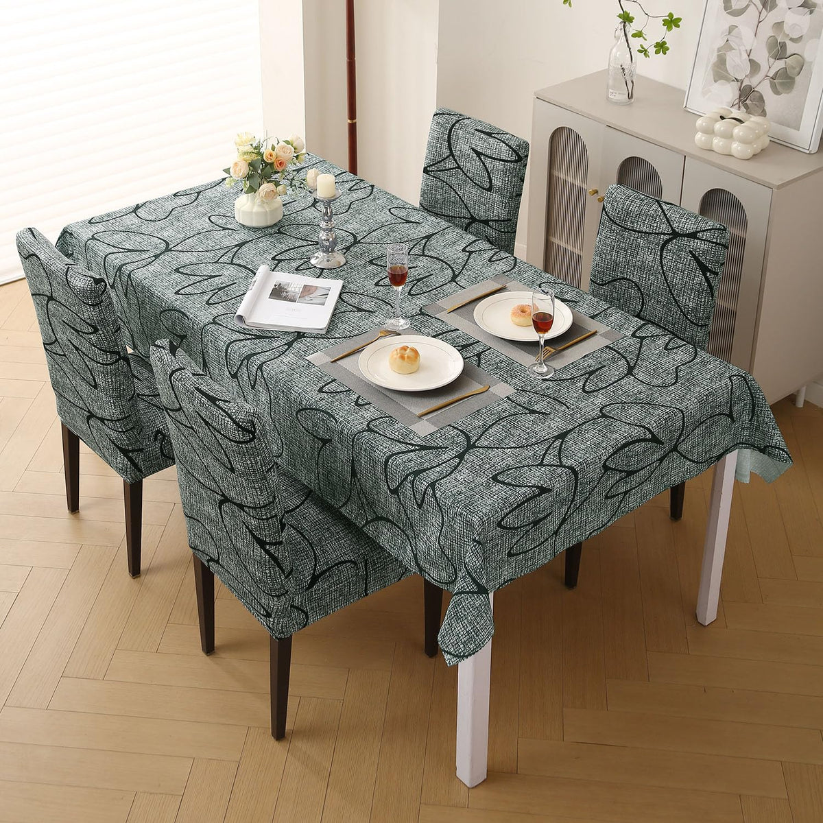 Elastic Dining Chair Covers with Matching Tablecloth, Intense Grey Abstract Floral