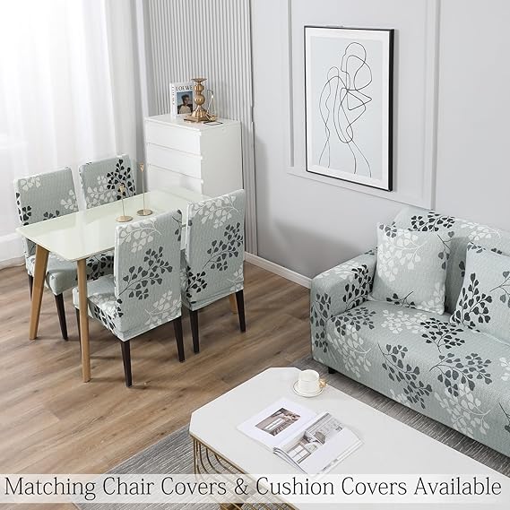 Elastic Stretchable Printed Sofa Cover, Grey Leaves