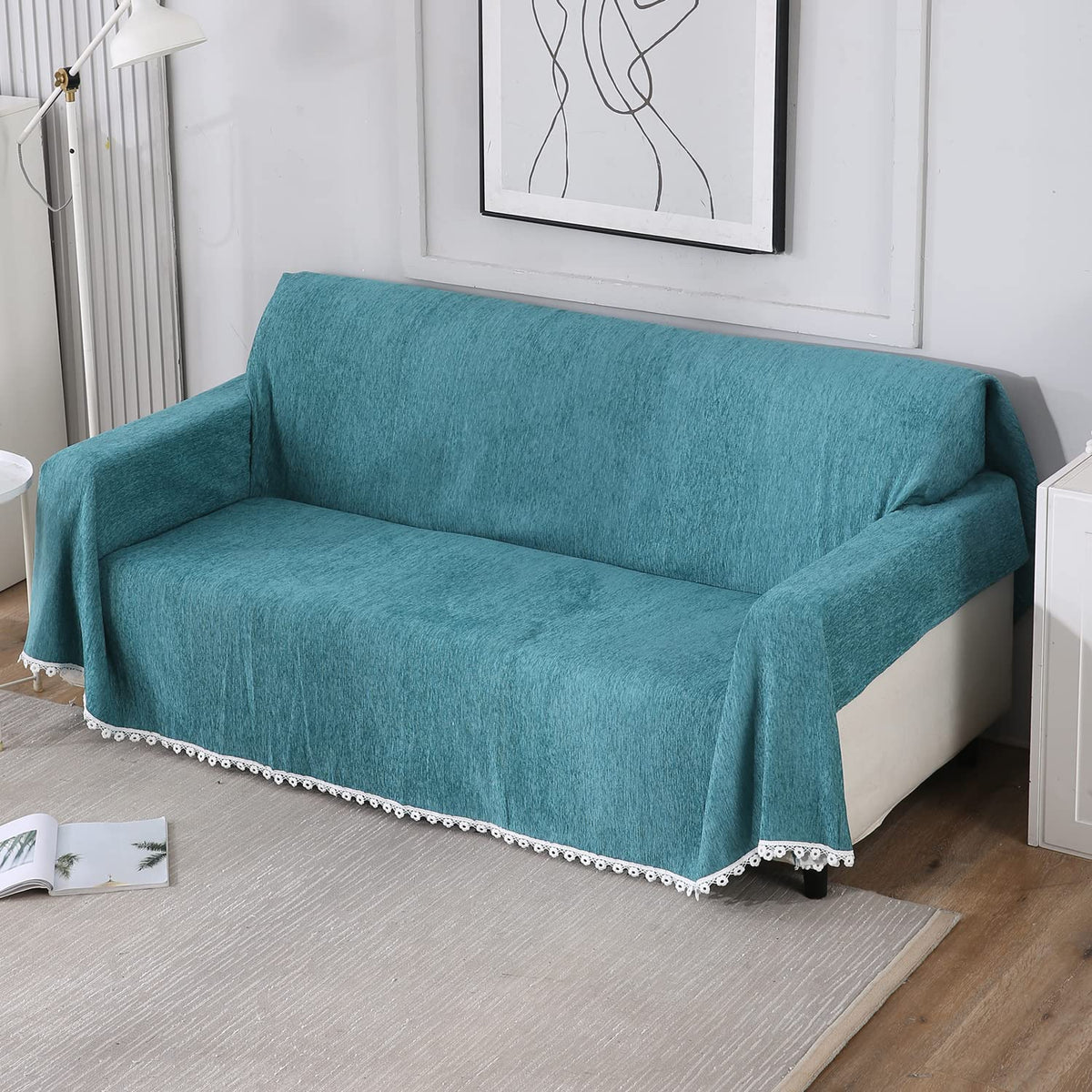 Blue colour chenille Three seater sofa throw of size 180(D)x300(L)
