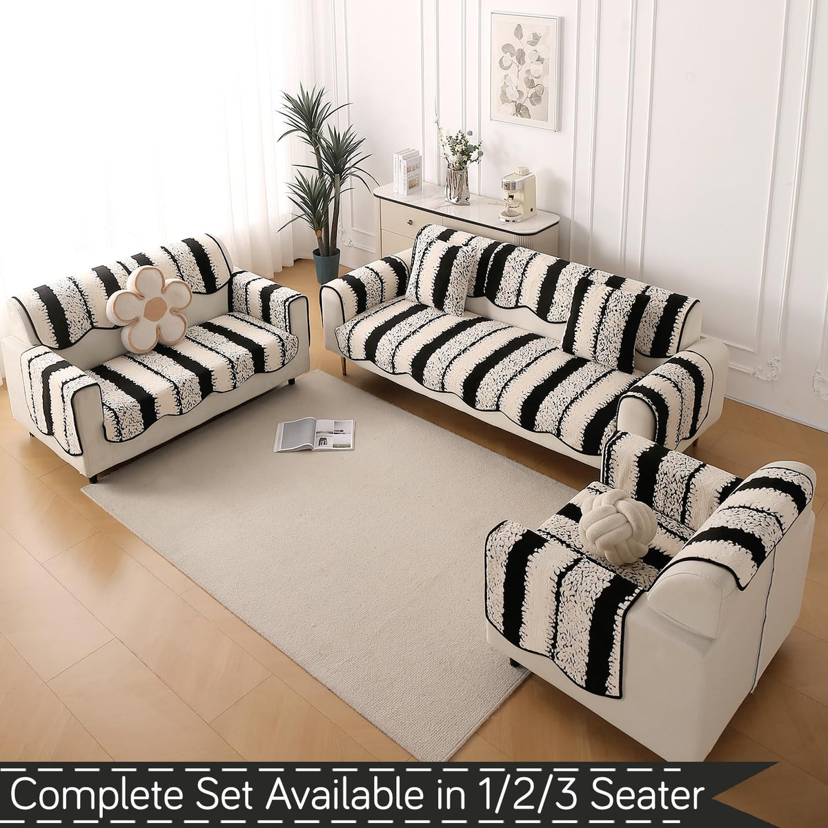 Luxury Sofa Cover Set | Seat, Back & Arm Covers | Anti-Slip Wavy Mat – Black