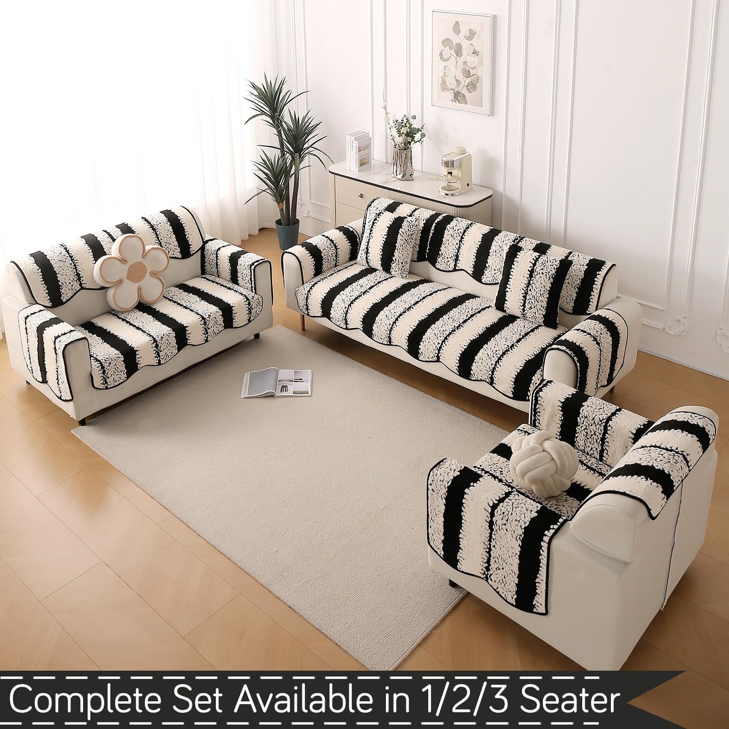 Luxury Sofa Cover Set | Seat, Back & Arm Covers | Anti-Slip Wavy Mat – Black