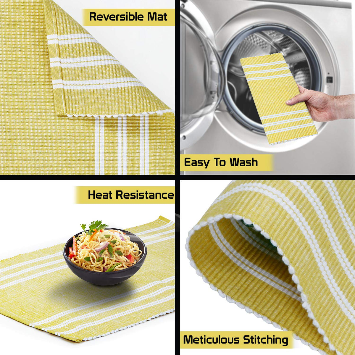 Ribbed Cotton Heat Resistant Dining Table Mat, Yellow Striped