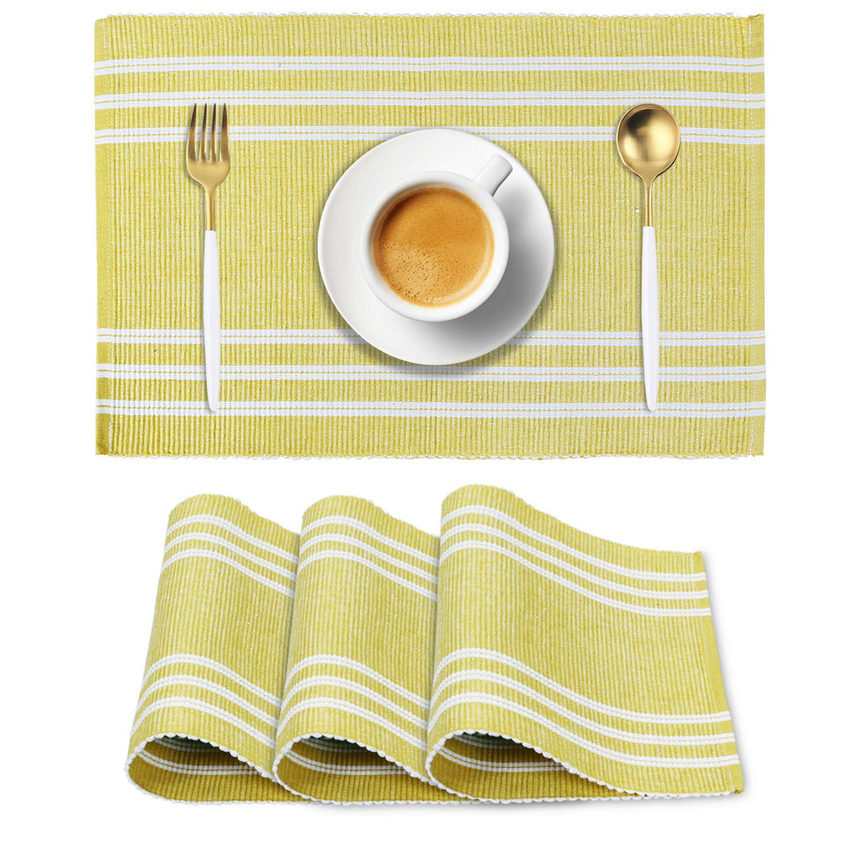 Ribbed Cotton Heat Resistant Dining Table Mat, Yellow Striped