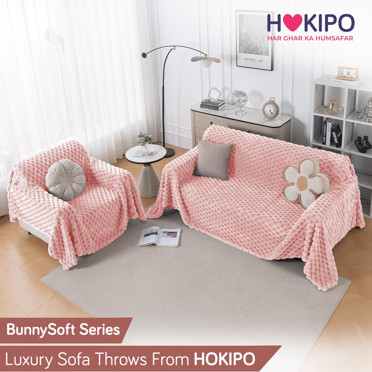 Luxury Rabbit Wool Plush Sofa Throw, Flamingo Pink