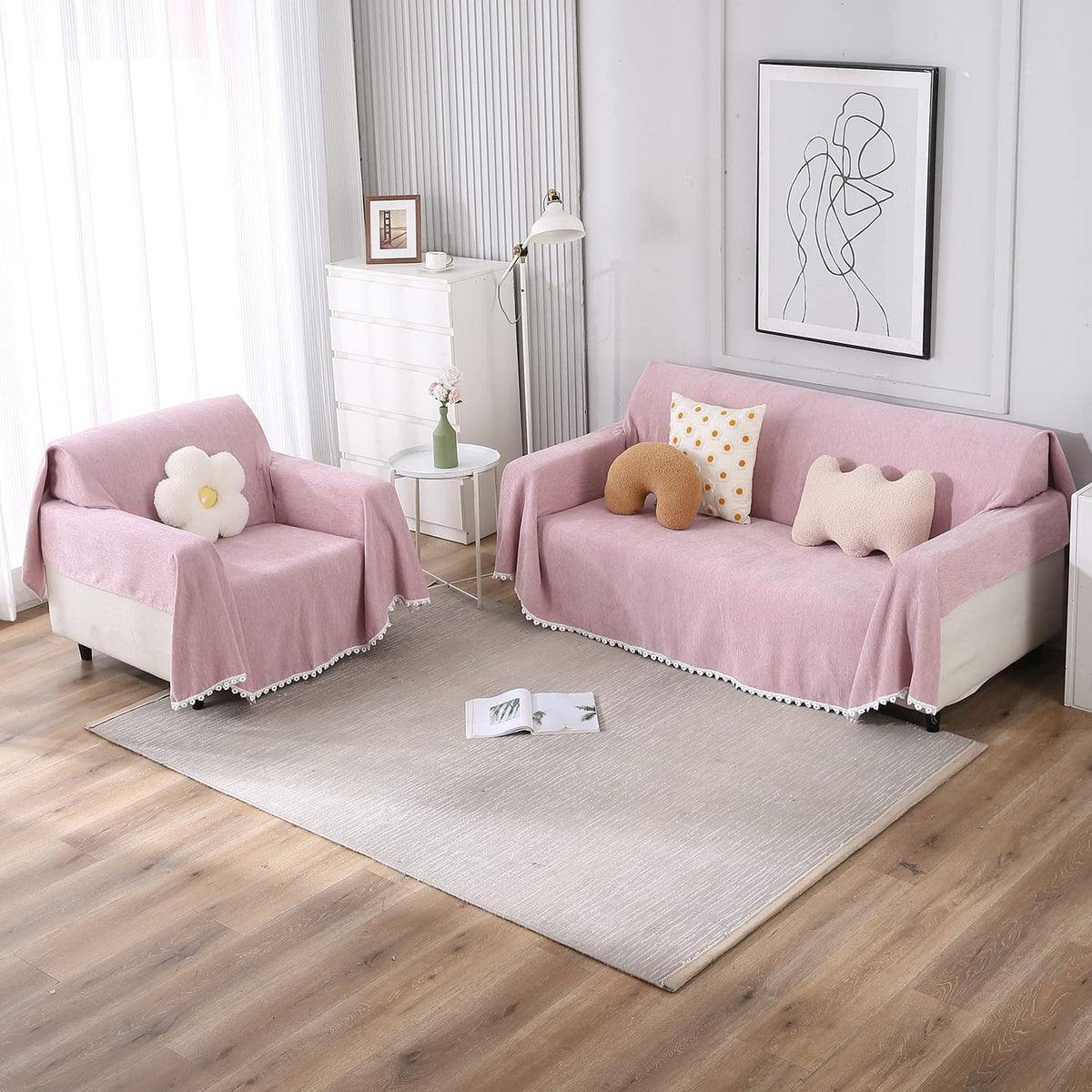 3+1 seater Pink colour chenille sofa throw set 

