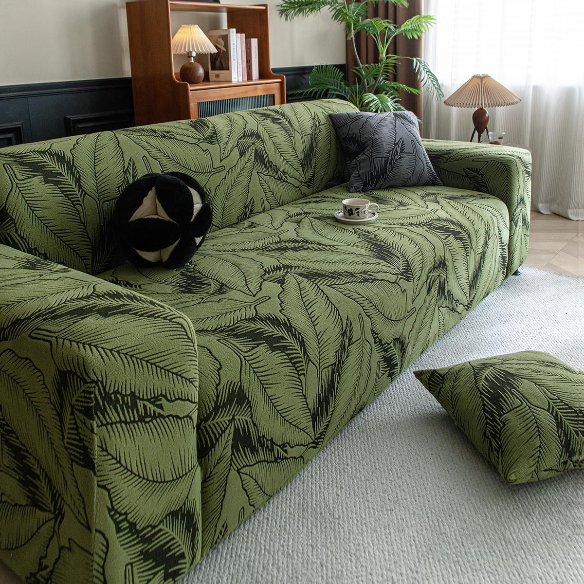 Buy olive green colour dual tone series knitting jacquard stretchable 3 seater sofa cover​ or cushion cover