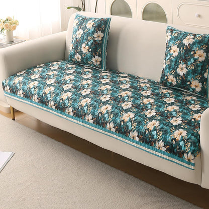 Florentina Series Premium Holland Velvet Sofa Cover Mat - Pansies Teal