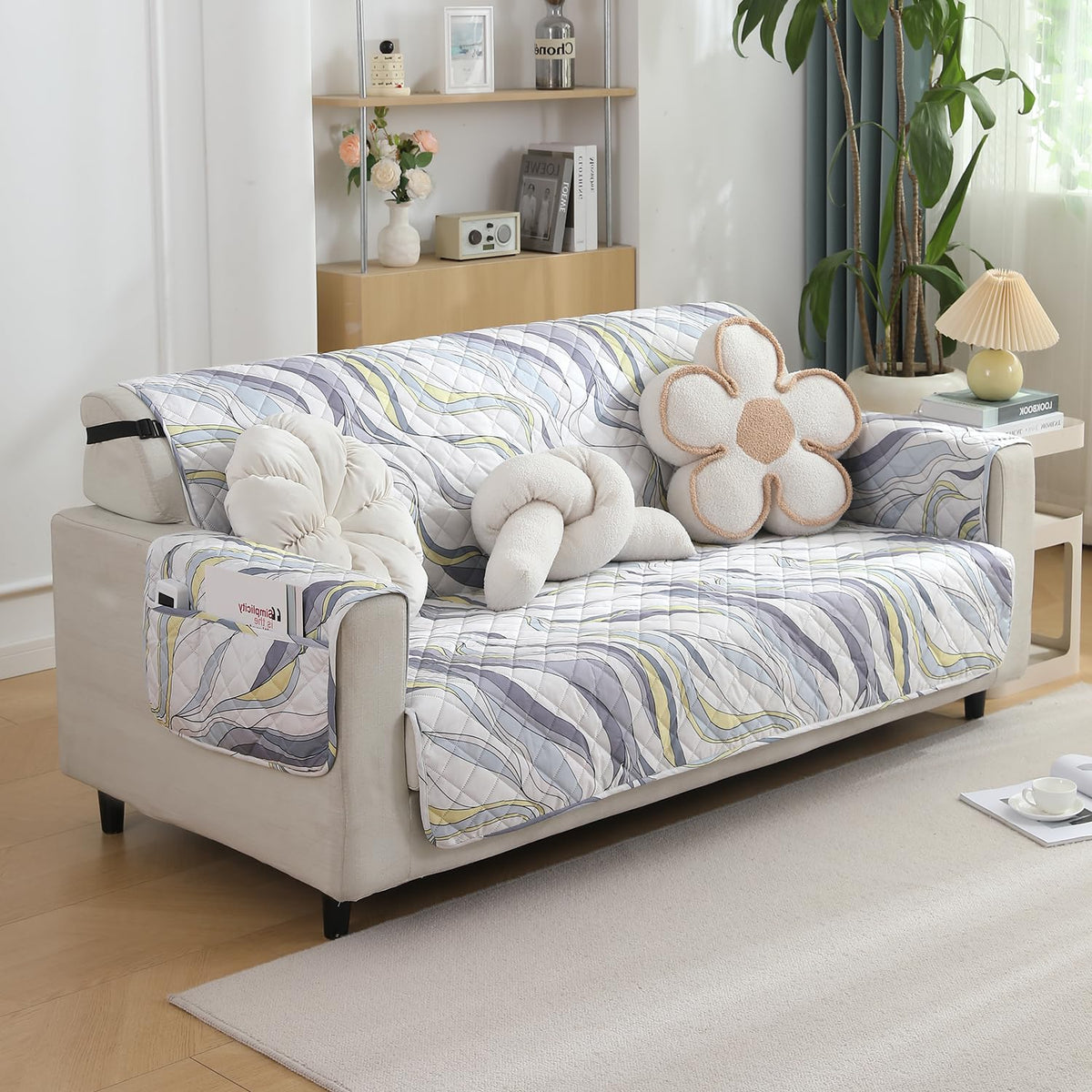 Quilted Waterproof Sofa Cover Mat with Pockets on Armrest Cover - Curved Lines Pearl White