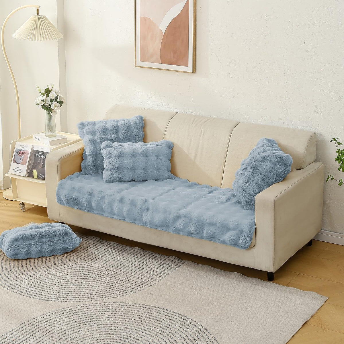 Buy cute Charm Blue colour Zippered faux rabbit fur Sofa Cushion Covers