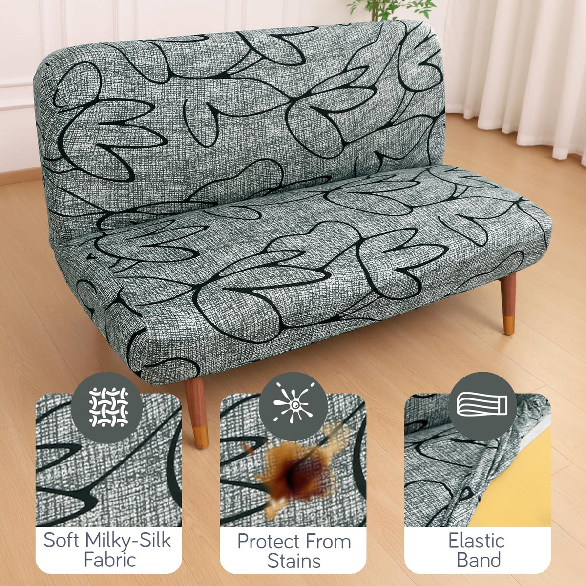 Buy Intense Grey Abstract Floral Printed sofa cum bed cover with soft milky-silk fabric, stain protection & secure elastic band fit | HOKIPO