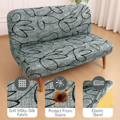 Elira Series Stretchable Elastic Armless Sofa Cover – 140 GSM, Futon Slipcover, Easy Fit, Intense Grey Abstract Floral