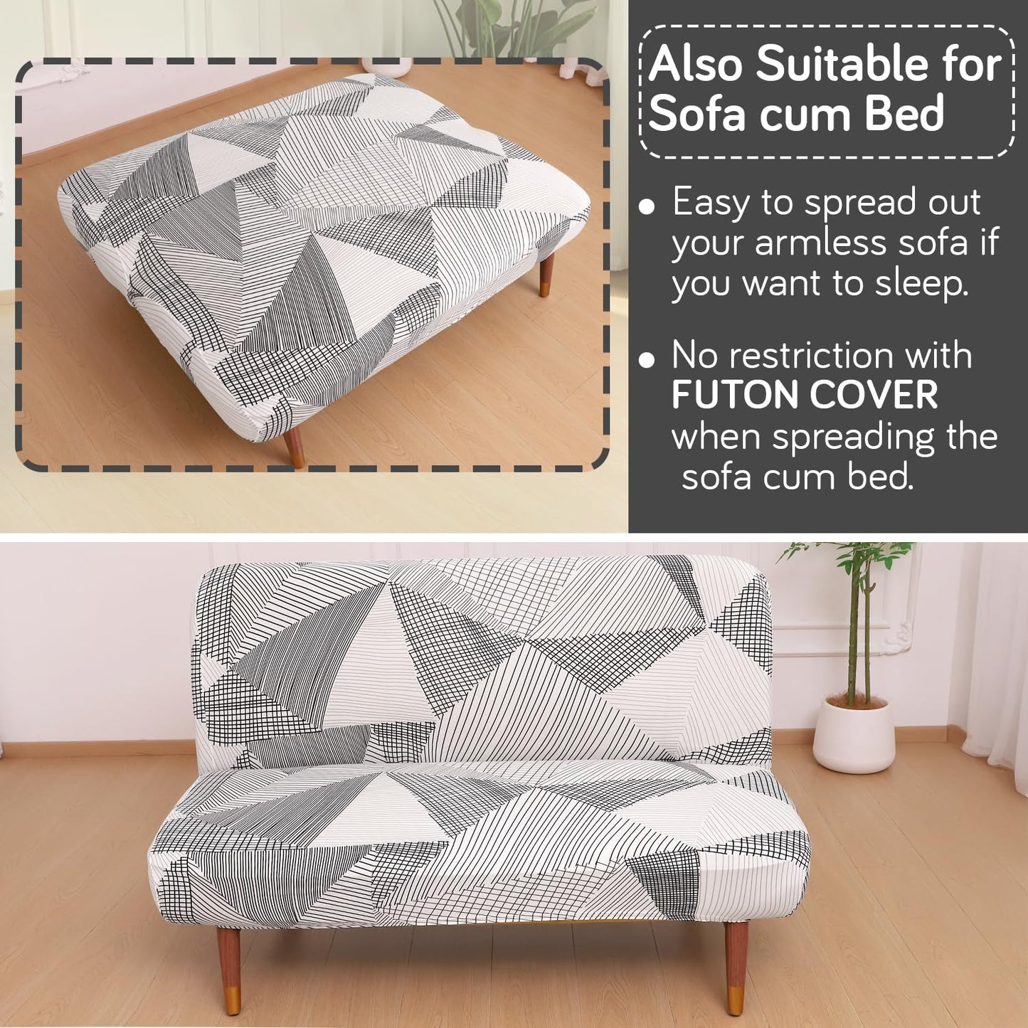 Elira Series Stretchable Elastic Armless Sofa Cover – 140 GSM, Futon Slipcover, Easy Fit, Snow White Black Geometry