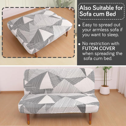 Elira Series Stretchable Elastic Armless Sofa Cover – 140 GSM, Futon Slipcover, Easy Fit, Snow White Black Geometry