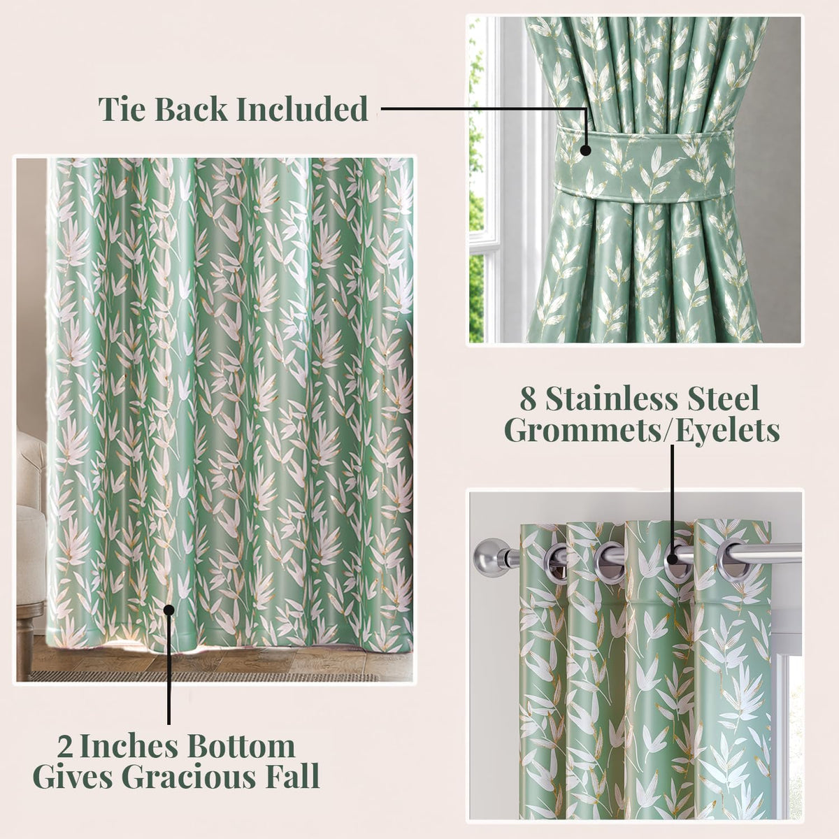 HOKIPO Luxe Foliage Foil Printed Curtains, 7 Feet Long - Sage Green - image 4