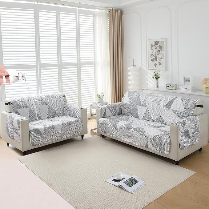 Waterproof & Quick-Dry Quilted Sofa Cover with Pockets on Armrest, Snow White Black Geometry
