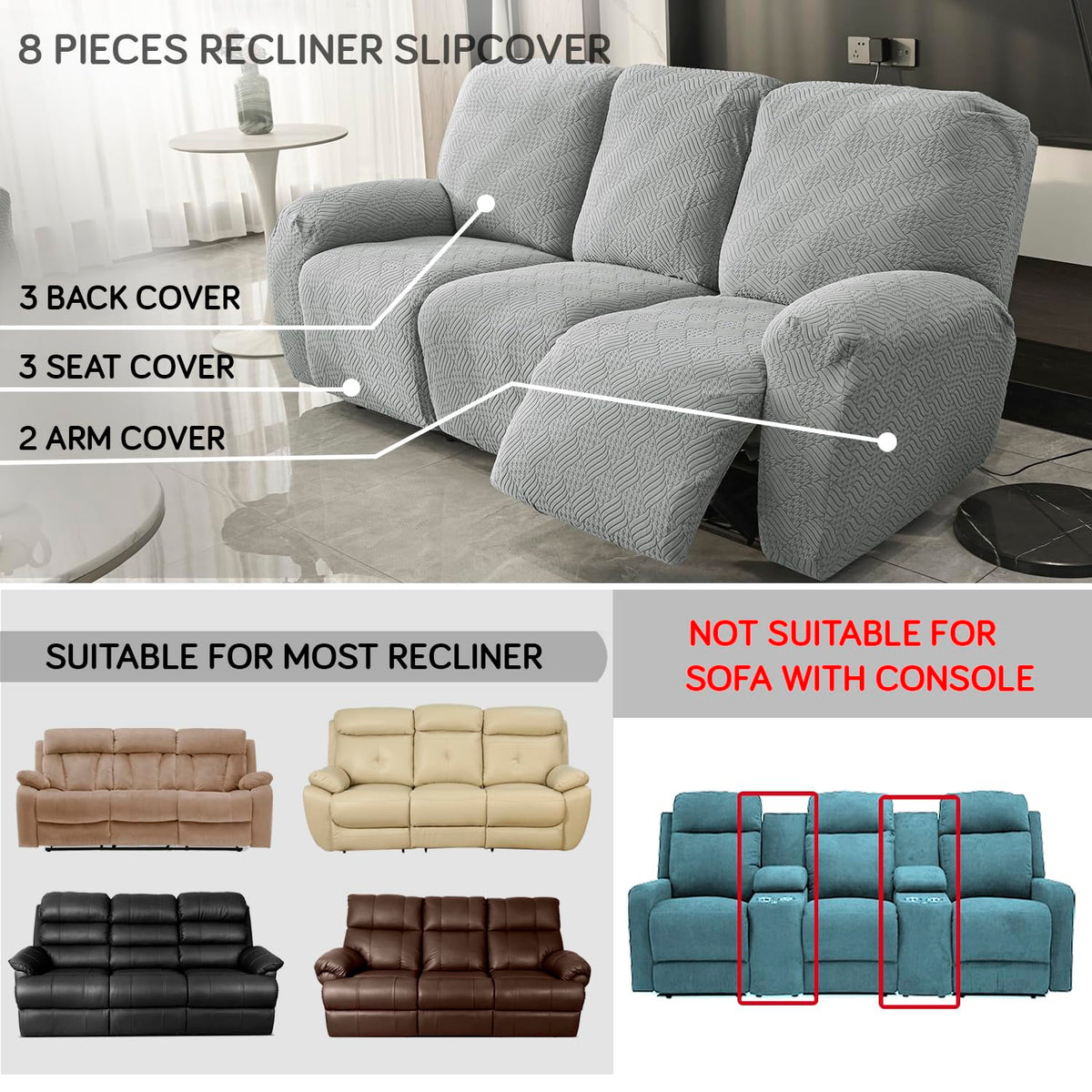 Buy Light Grey Colour Jacquard 8 Pieces Recliner Slipcover | HOKIPO