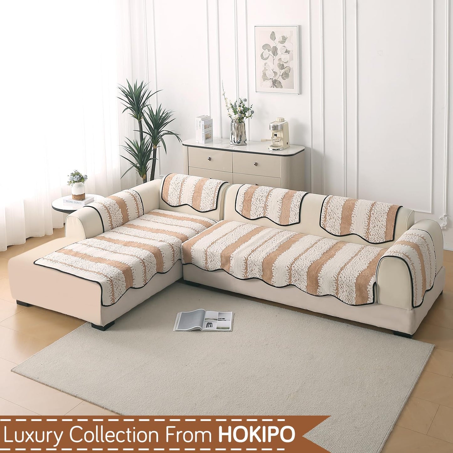 Luxury Wavy Mat with Anti Slip Backing  L Shape Sofa Cover Seat Mat - Desert Brown