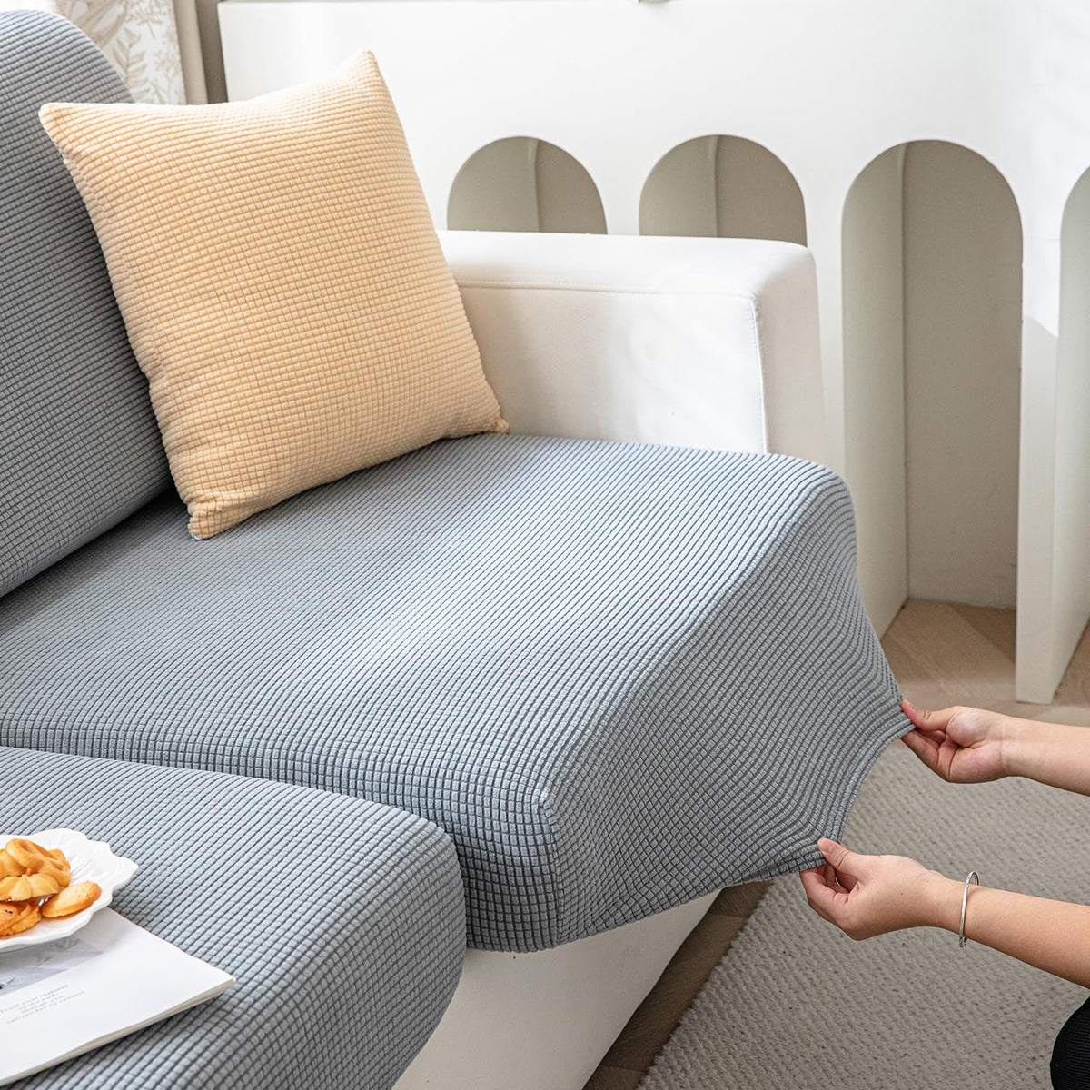 Stretchable Thick Jacquard Textured Seat Cushion Cover for 1/2/3 Seaters / Pieces for Sofa, Light grey