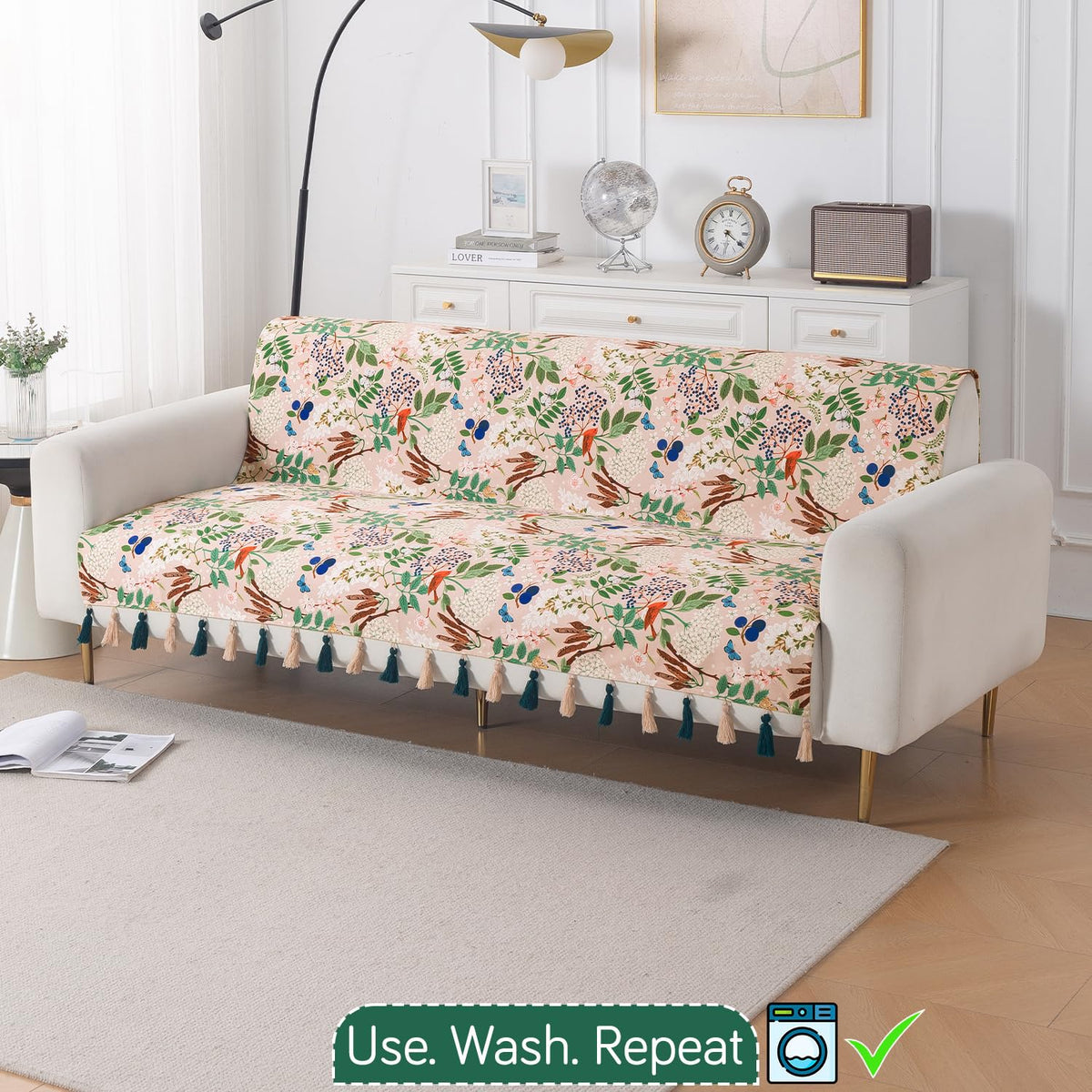 'Whispers of Nature' Series Holland Velvet Sofa Cover with Tassel, Beige Woodland Bloom