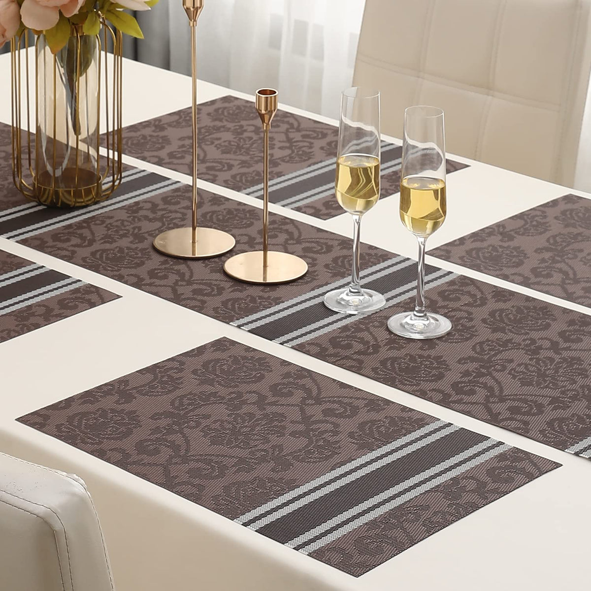 PVC Dining Table Mats, Damask Brown
