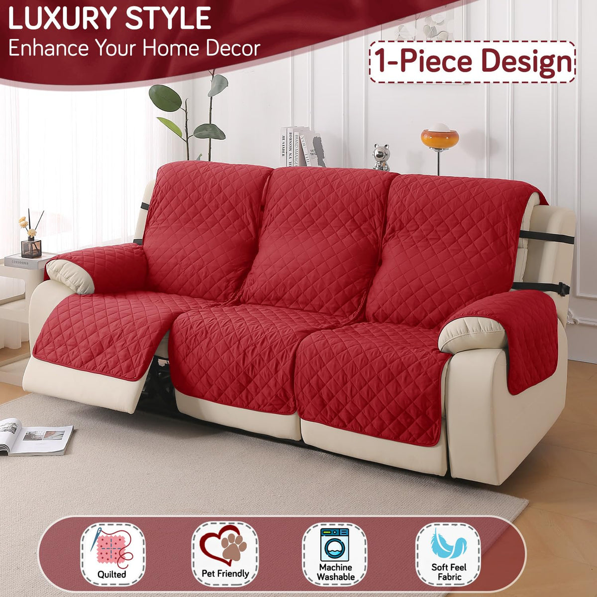 UrbanQuilt Recliner Sofa Slipcover Mat with Dual Belt for 1/2/3 Seater - Scarlet Red