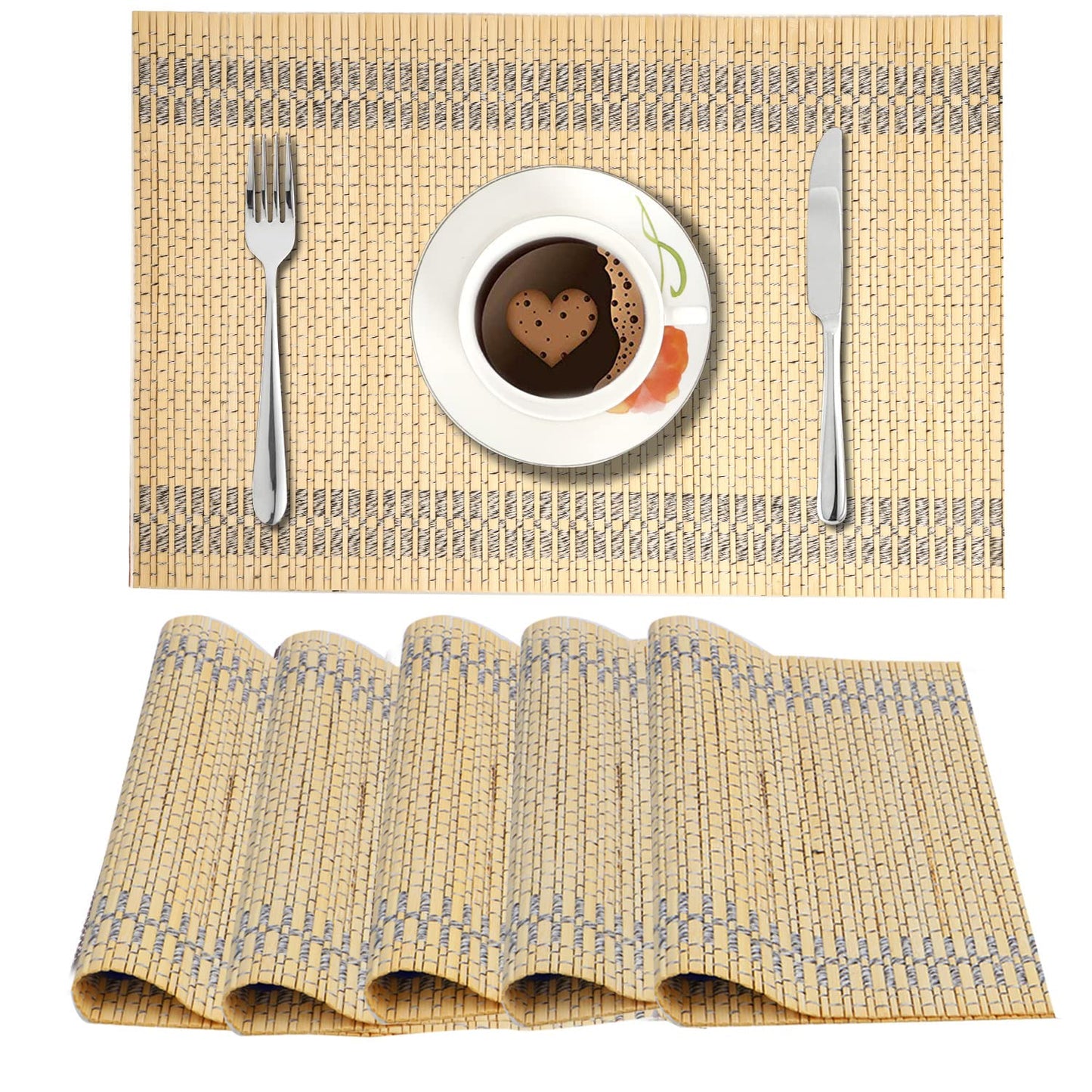 Reversible Bamboo Placemats for Dining Table Set of 6, 45x30 cm