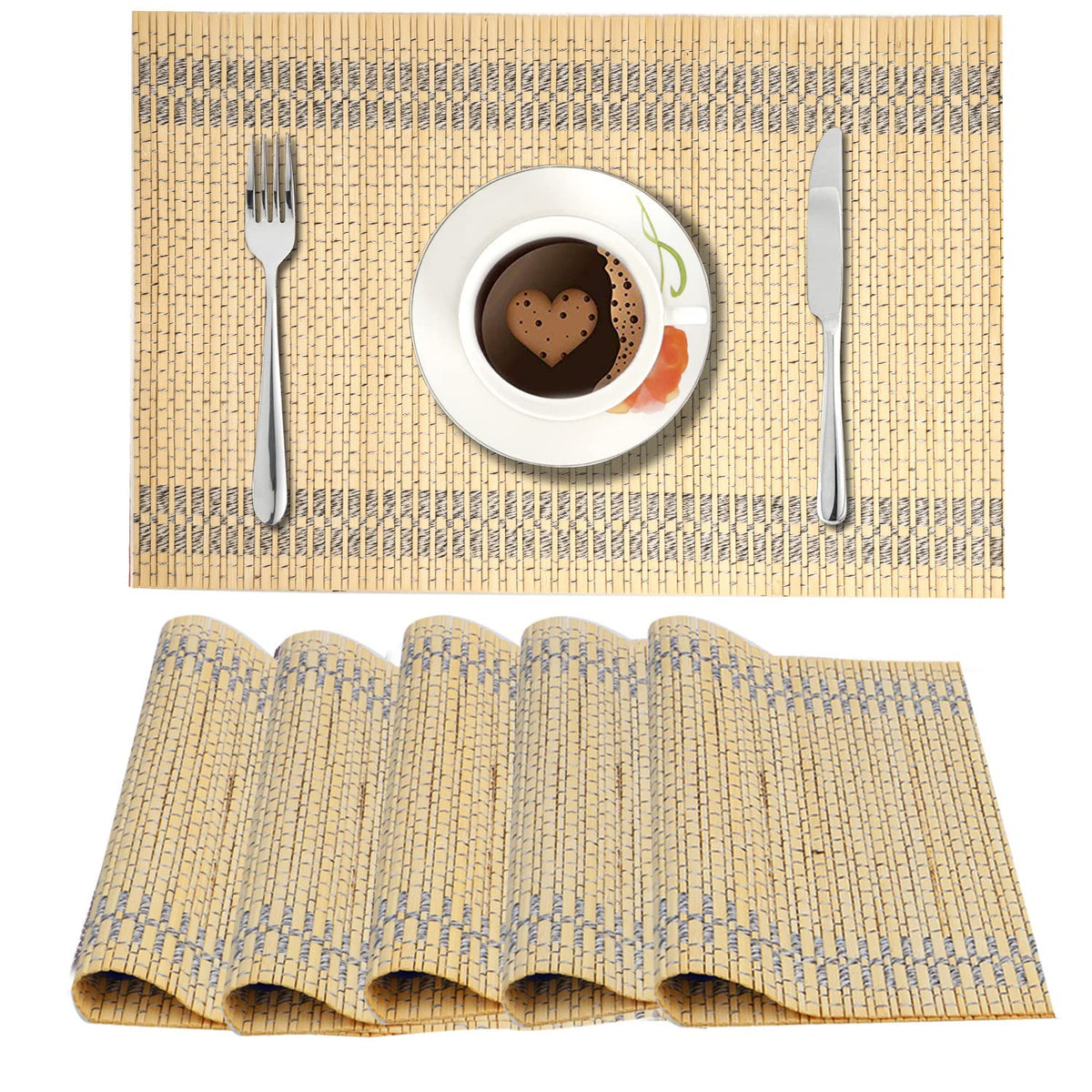 Reversible Bamboo Placemats for Dining Table Set of 6, 45x30 cm