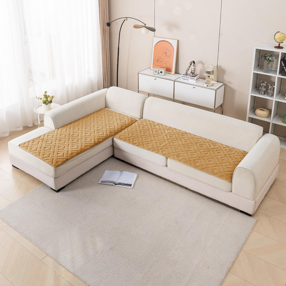 Buy Light Brown Colour Velvet Maze Premium L Shape Sofa Cover 