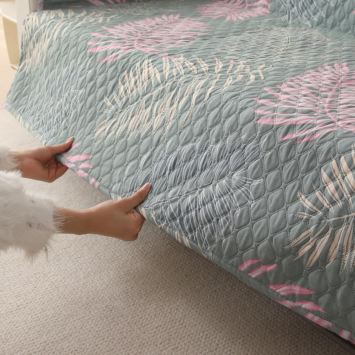 L Shape Sofa Cover Mat for 2+2/3+2/3+3 Seater, Quilted Printed Tropical Leaves Pastel Green