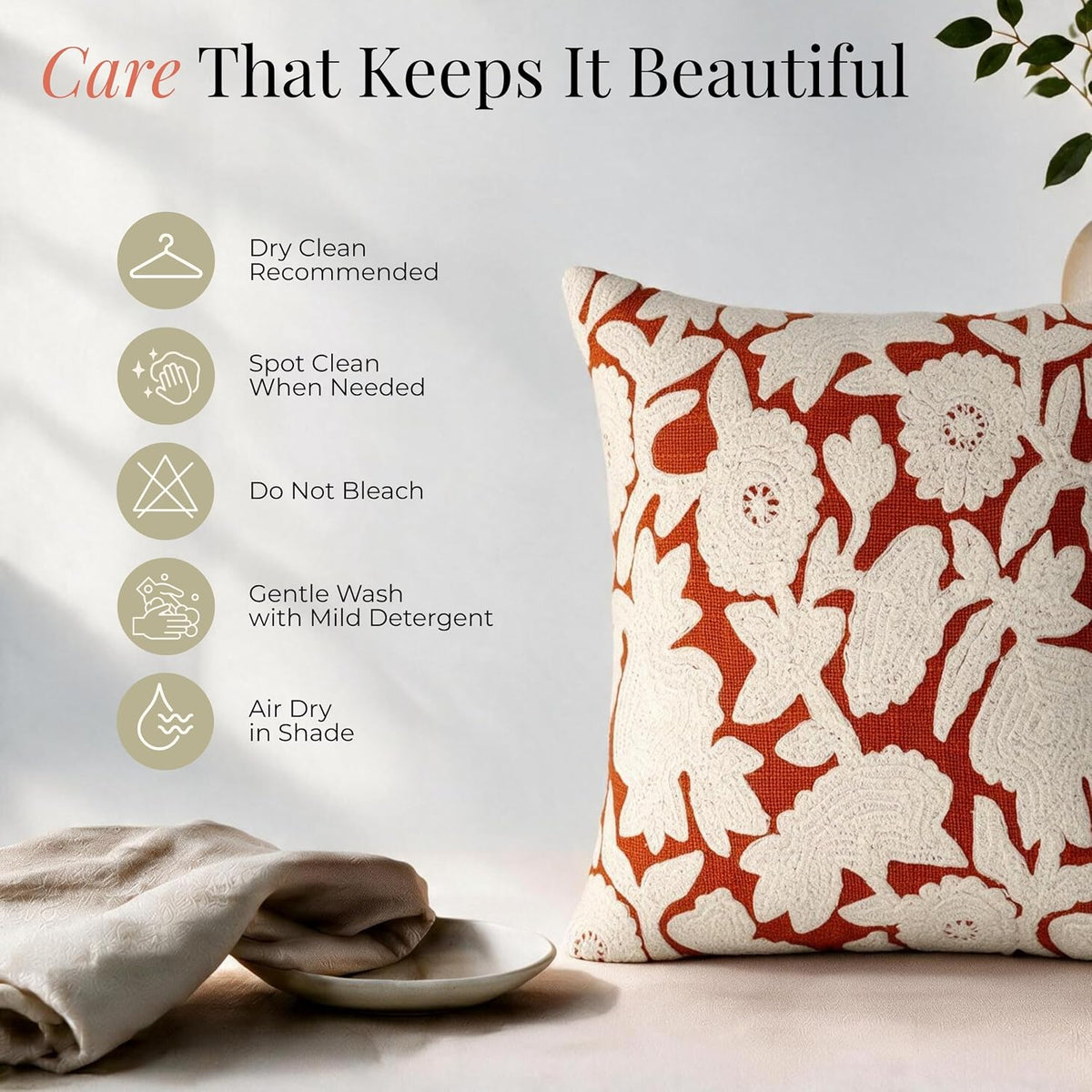 HOKIPO Plush Crewel Embroidery Cushion Cover, Floral Burnt Orange, 16 x 16 in - image 6
