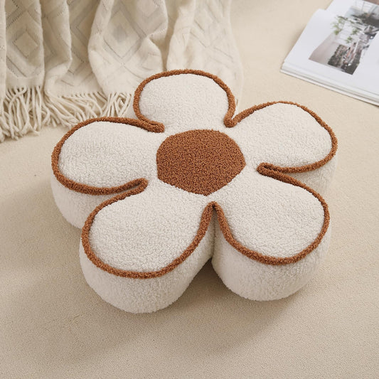 HOKIPO Plush Cotton Flower Cushion | Decorative Throw Pillow for Bed & Sofa - White