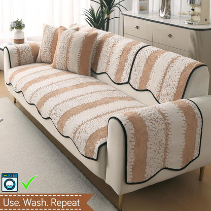 Luxury Wavy Anti Slip Plush Sofa Cover Mat, Desert Brown