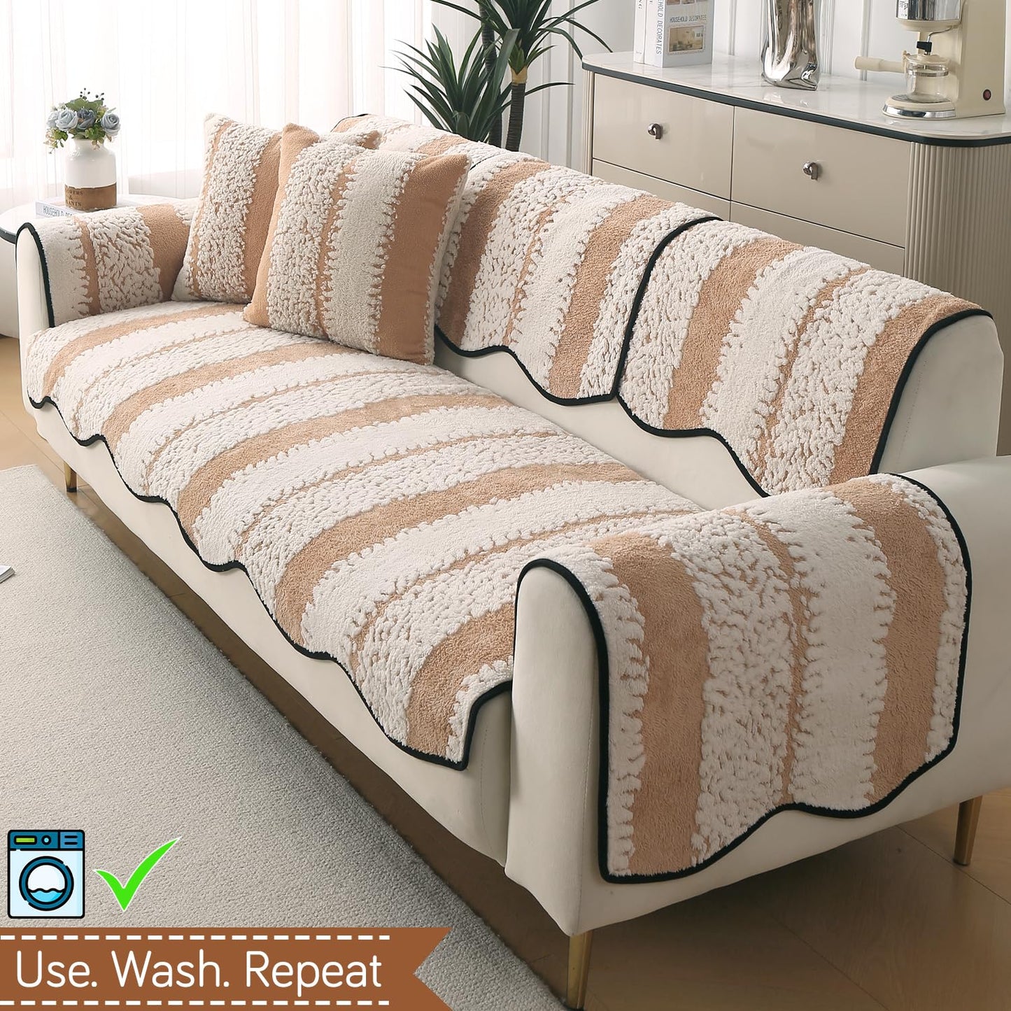 Luxury Wavy Anti Slip Plush Sofa Cover Mat, Desert Brown