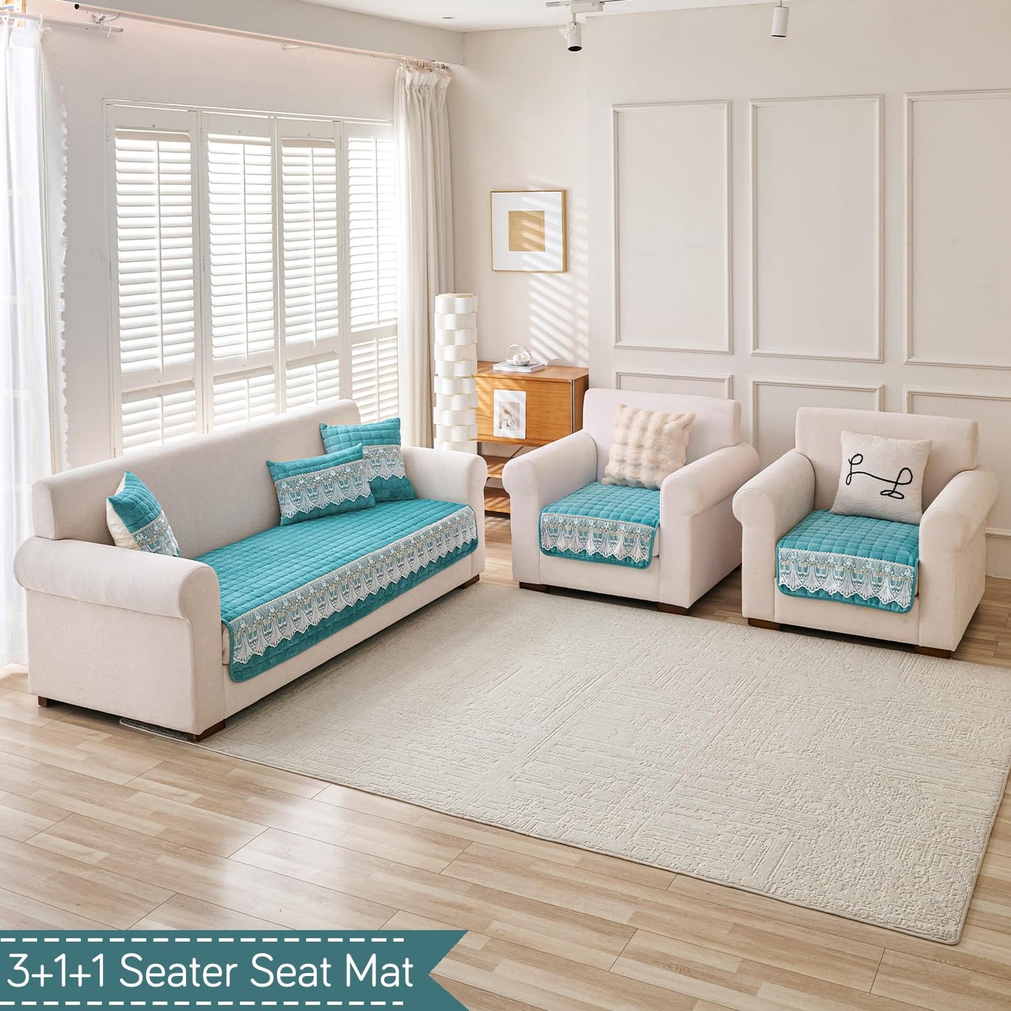 BelleLace Series Imperial Milk Velvet Sofa Cover Mat with Lace Design - Teal
