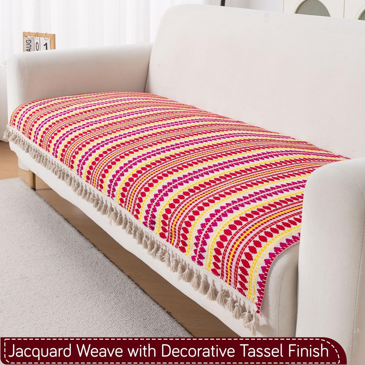 Artisan Boho 5-Seater Sofa Seat Mat with Tassels (3+1+1), Ruby Red