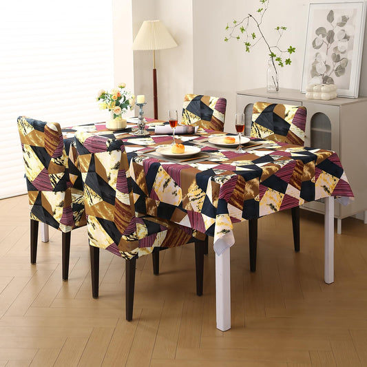 Elastic Dining Chair Covers with Matching Tablecloth, Wine Abstract Geometry