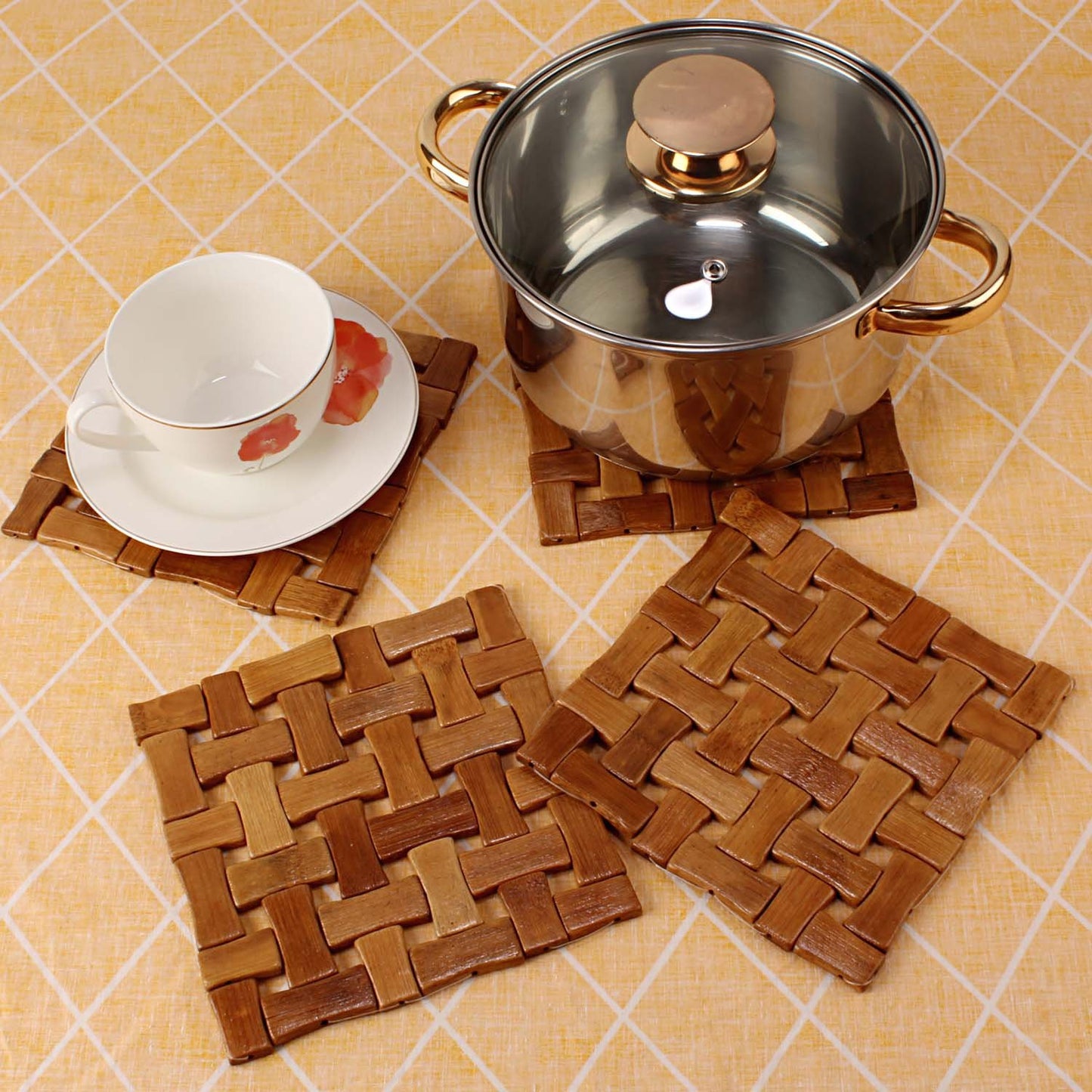 HOKIPO Square Bamboo Table Coaster, Pan Pot Holder, 16 x 16 cm, 4 Piece Set
