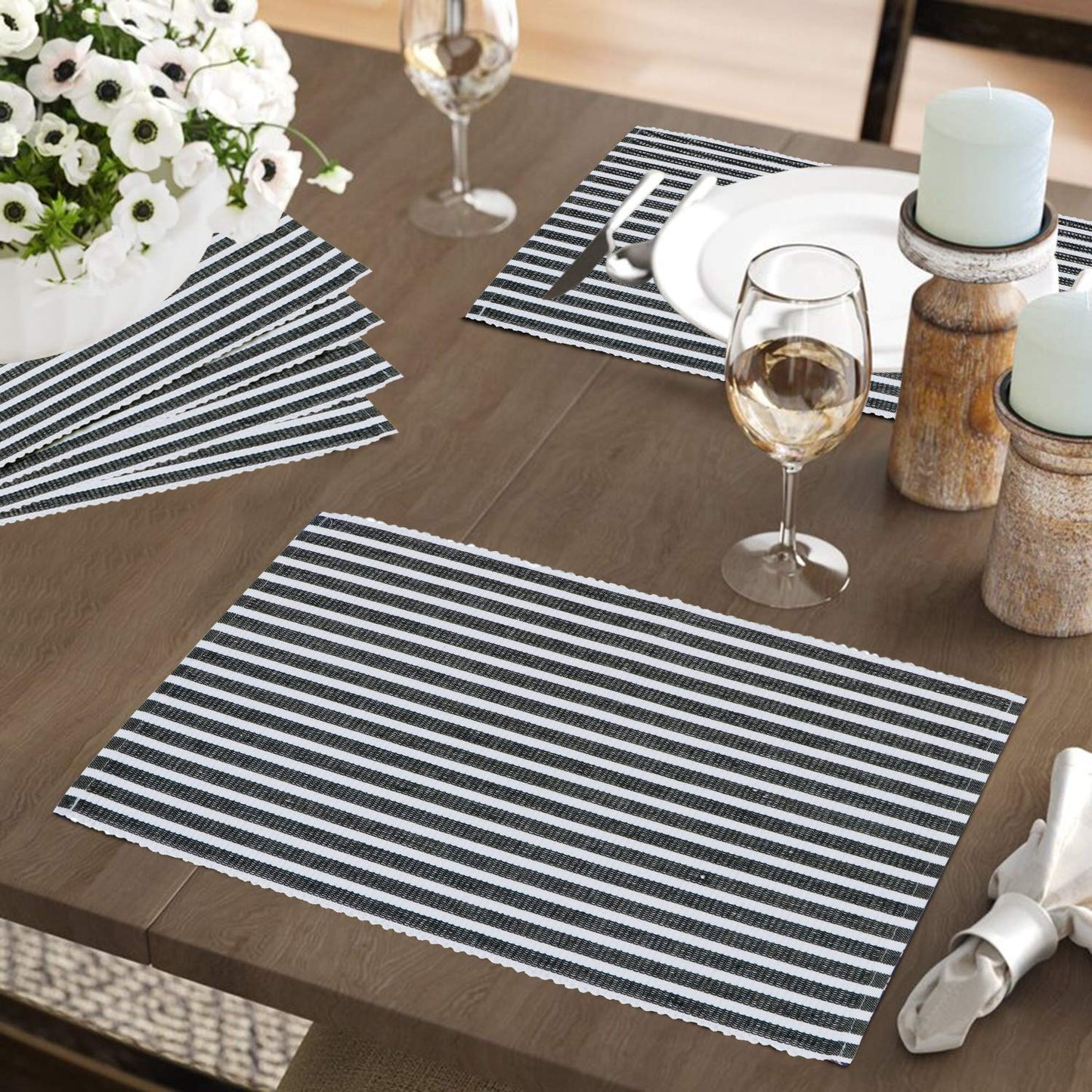 Ribbed Cotton Heat Resistant Dining Table Mat, Grey Striped