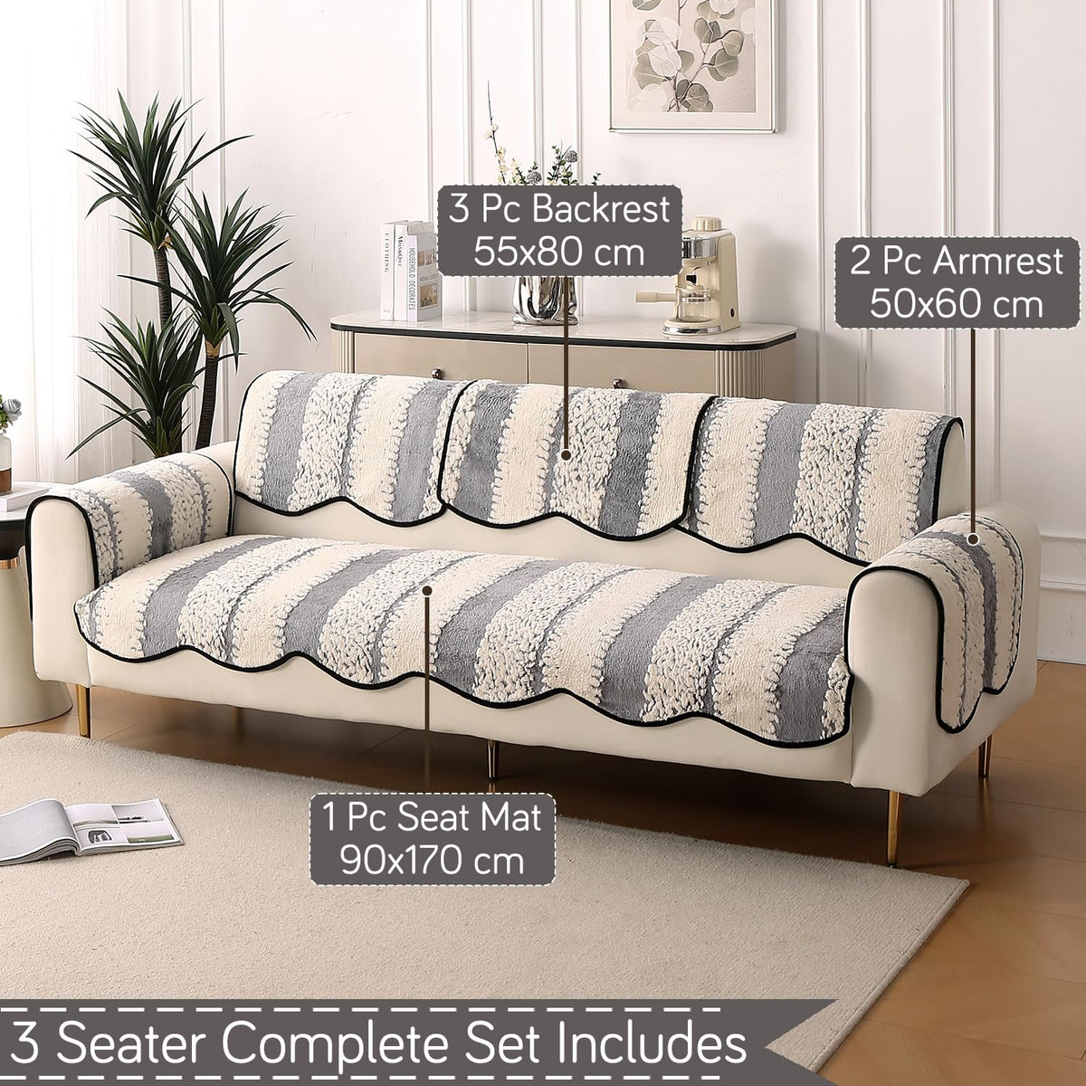 Luxury Sofa Cover Set | Seat, Back & Arm Covers | Anti-Slip Wavy Mat – Pewter Grey