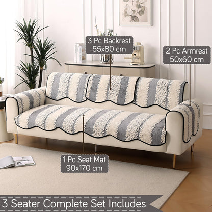 Luxury Sofa Cover Set | Seat, Back & Arm Covers | Anti-Slip Wavy Mat – Pewter Grey