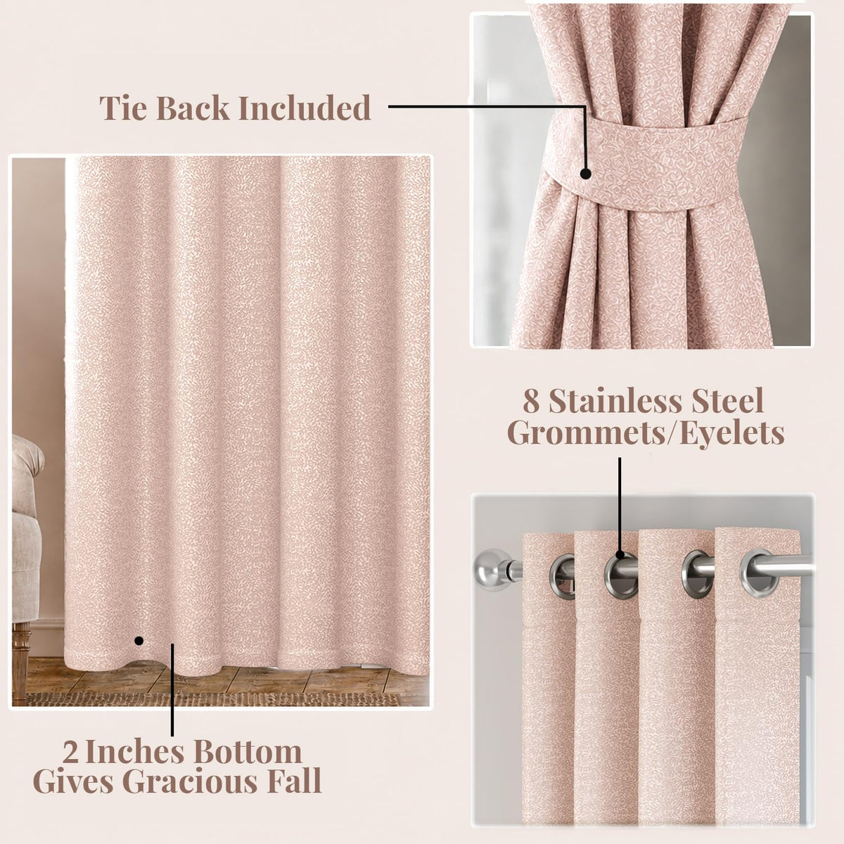 HOKIPO Eden Eyelet Curtains, 7 Feet Long - Blush Pink - image 4