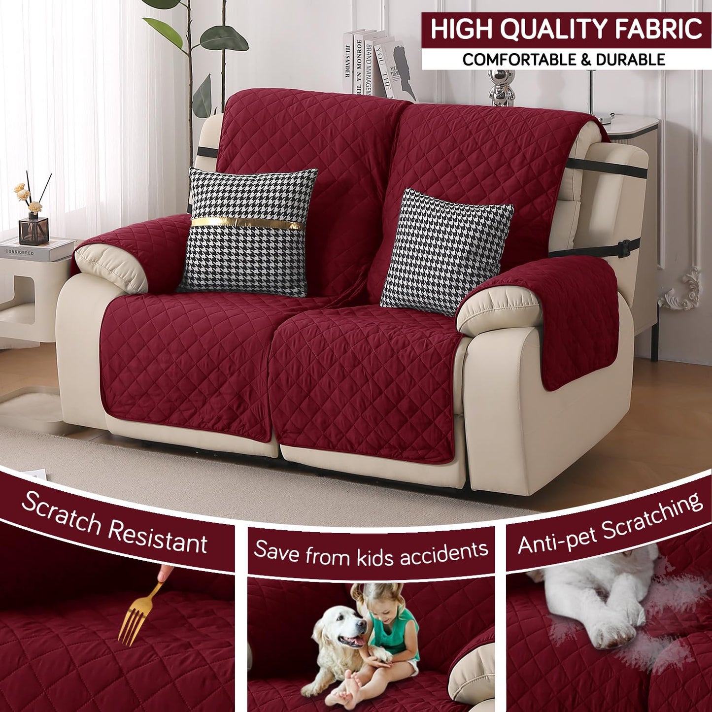 UrbanQuilt Recliner Sofa Slipcover Mat with Dual Belt for 1/2/3 Seater - Maroon