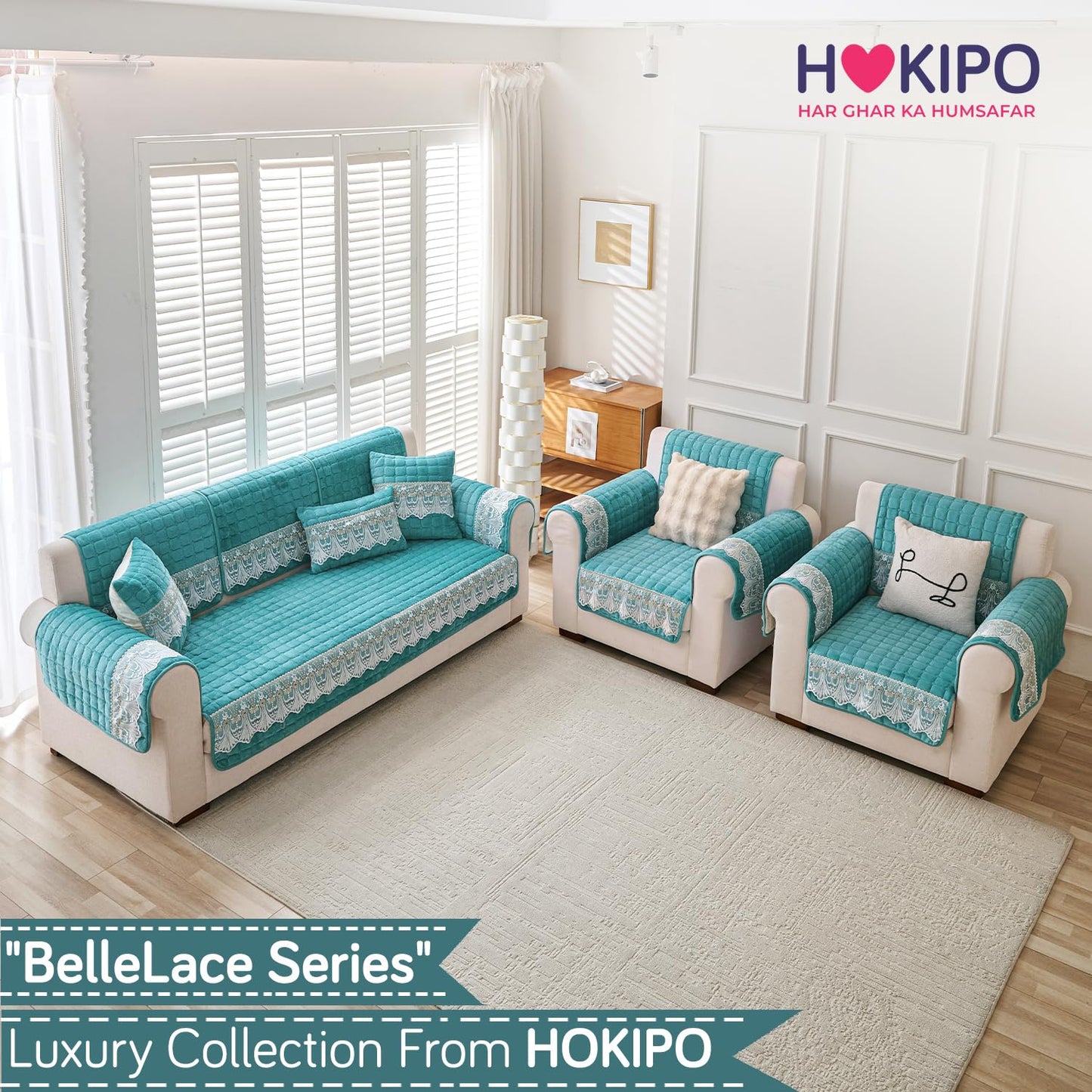 BelleLace Series Imperial Milk Velvet Sofa Cover Mat with Lace Design - Teal
