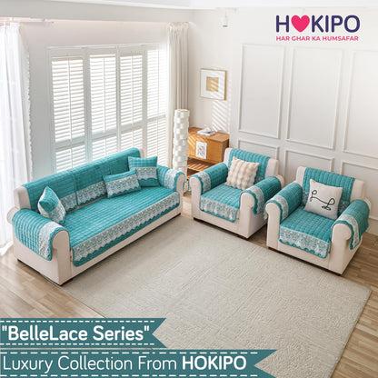 BelleLace Series Imperial Milk Velvet Sofa Cover Mat with Lace Design - Teal